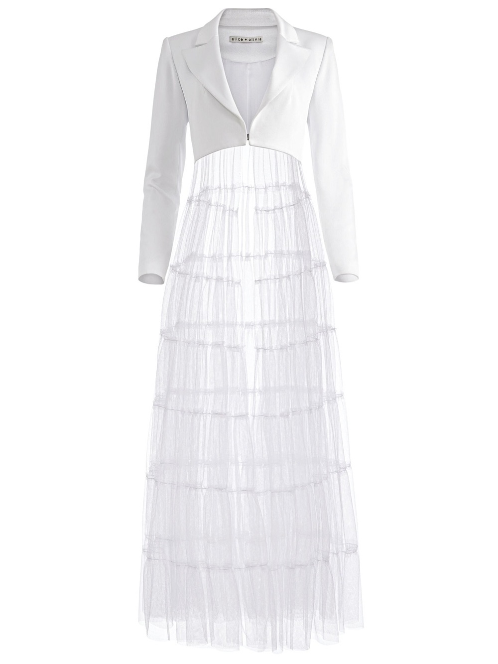 Alice + Olivia White Fitted Blazer with Tiered Tulle Maxi Skirt